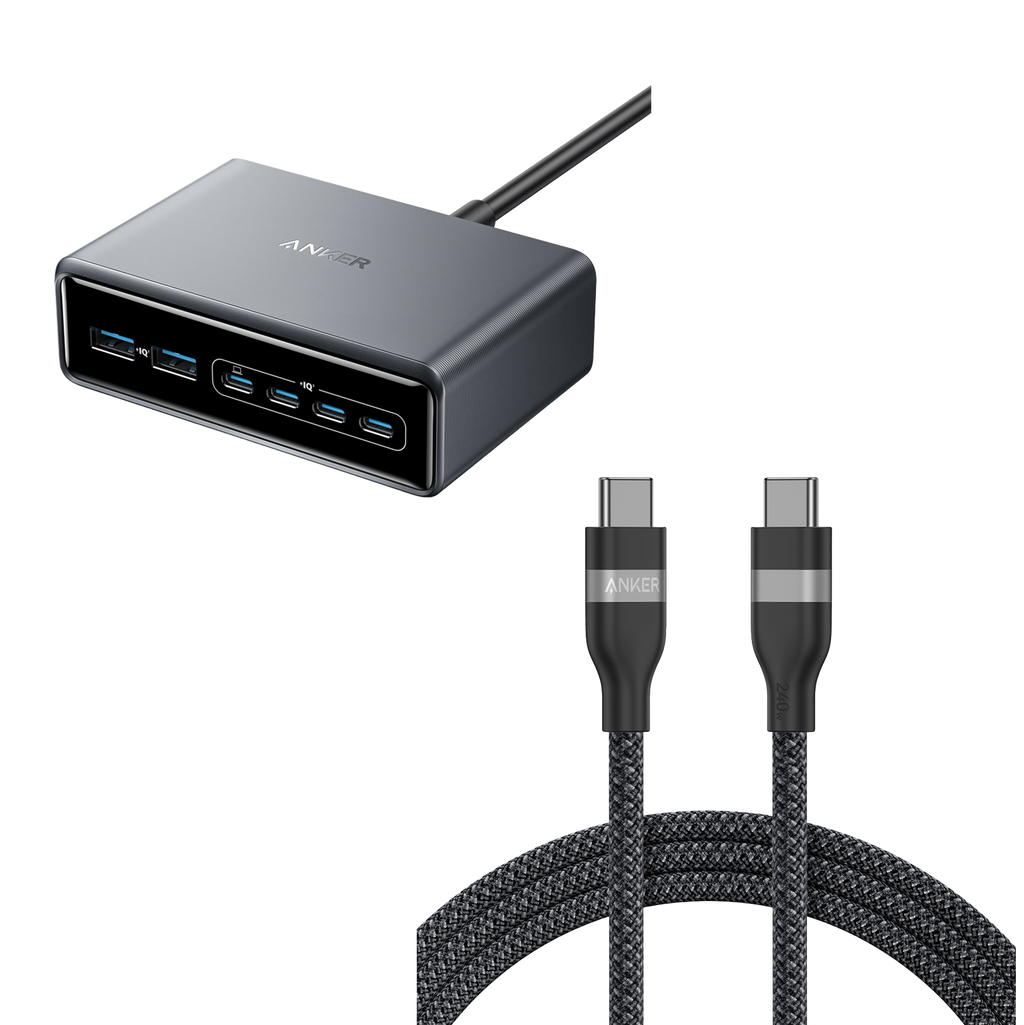 Prime Charger (200W, 6 Ports, GaN) and USB-C to USB-C Cable (6 ft, 240W, Upcycled-Braided)