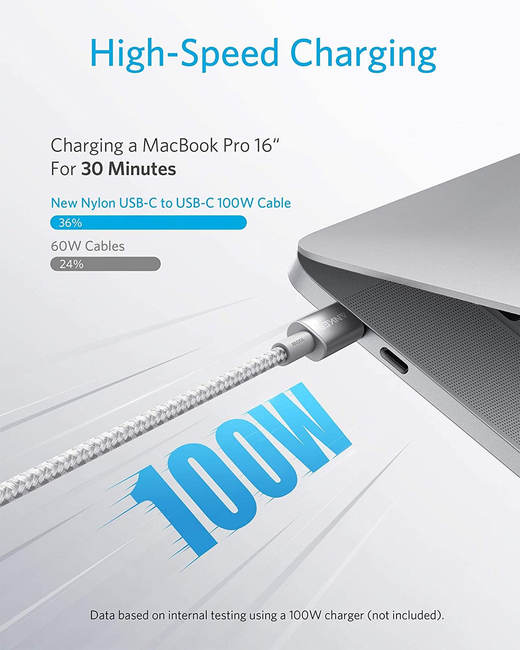 Anker USB-C cable for 100W high-speed charging with laptop